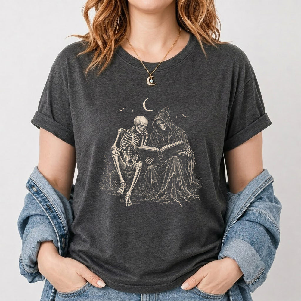 Halloween Reading Buddies Printed T-Shirt | Halloween Book Lover Gift Dark Heather
