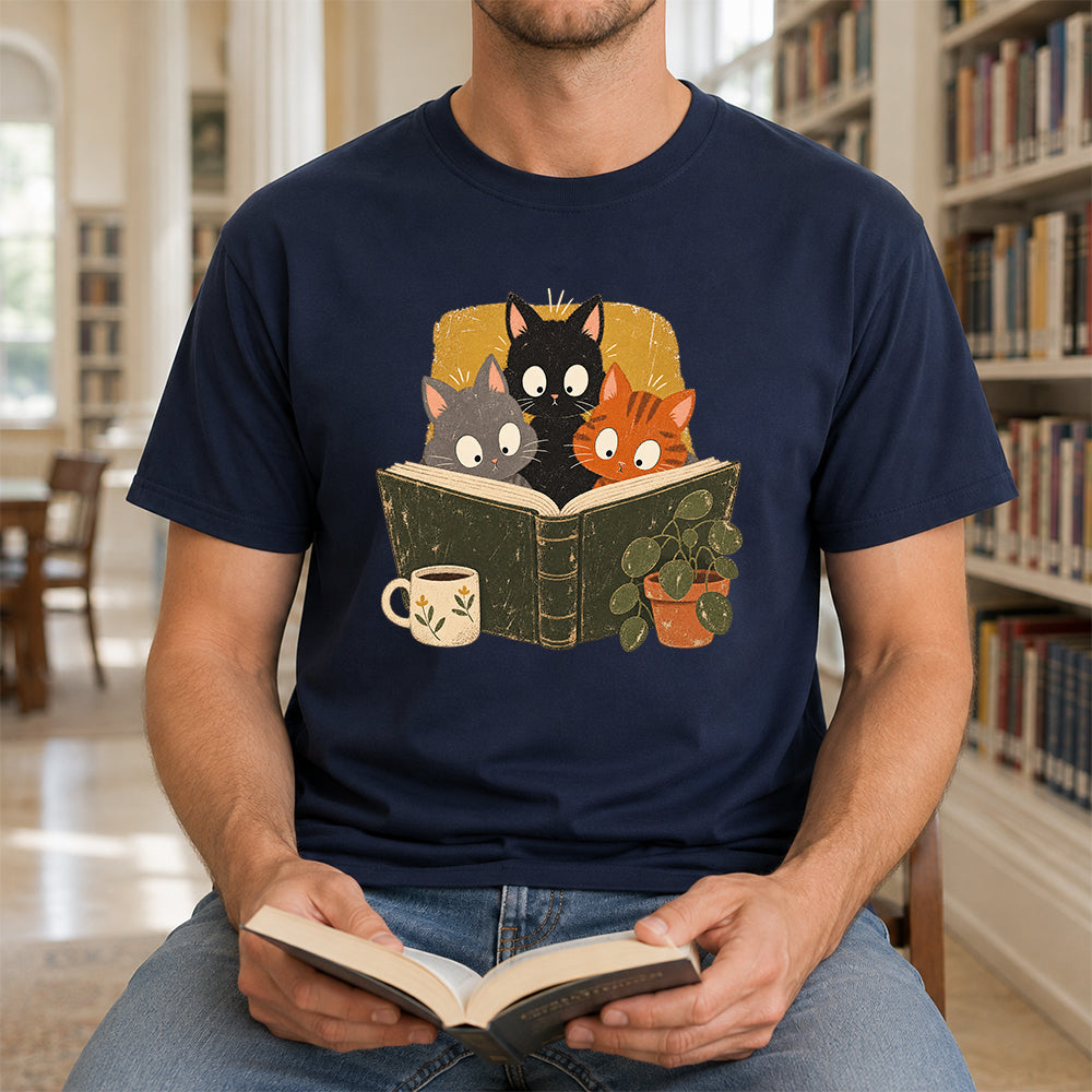 Minimal Japanese Cats Reading Softstyle T-Shirt | Book Lover Gift Navy