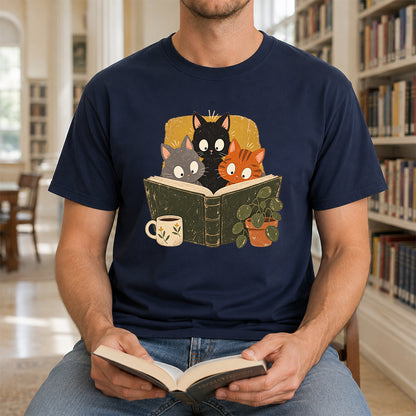Minimal Japanese Cats Reading Softstyle T-Shirt | Book Lover Gift Navy