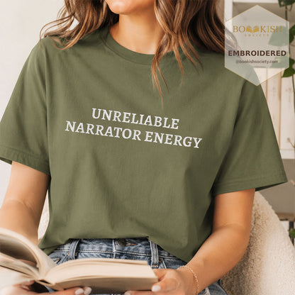 Embroidered Unreliable Narrator Energy Comfort Color® T-shirt Book Lover Gift Hemp