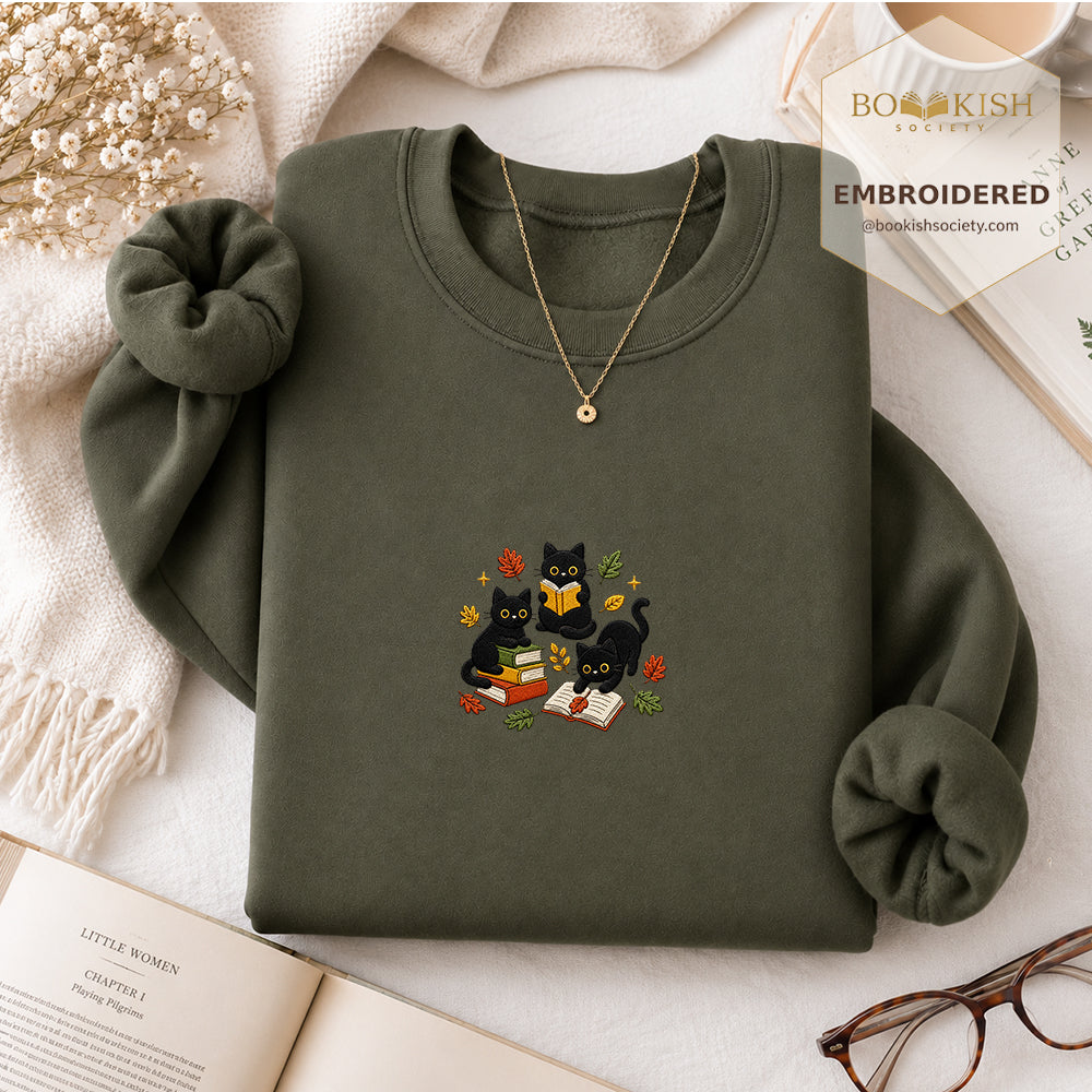 Cat Catching Leaves Embroidered Sweatshirt | Reader Gift Military Green