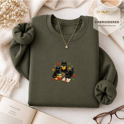Cat Catching Leaves Embroidered Sweatshirt | Reader Gift Military Green