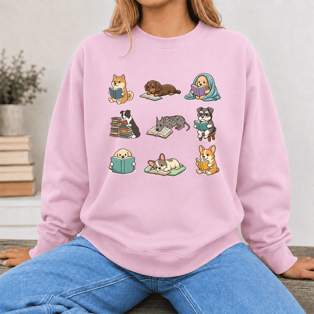Funny Dogs Reading Crewneck Sweatshirt | Reader Gift Light Pink