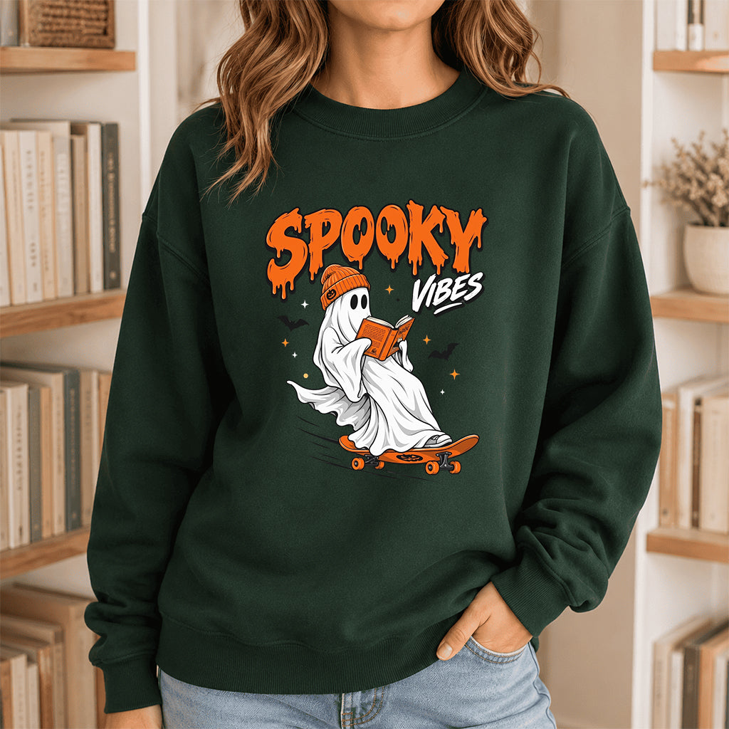 Spooky Vibes Printed Sweatshirt | Halloween Reader Gift Forest Green