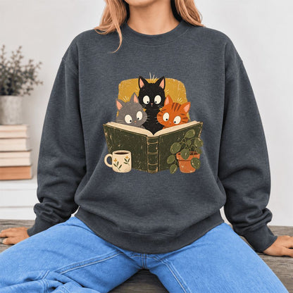 Curious Reading Cats Softstyle Sweatshirt | Cozy Book Lover Gift Dark Heather