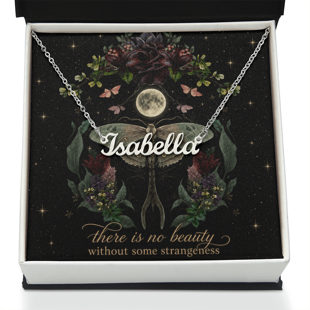 Night Garden With Lunar Moth Custom Name Polished Stainless Steel Necklace With Decorative Card And Box Book Lover Gift Font 1
