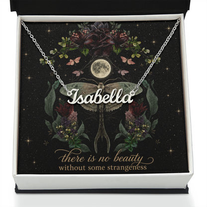 Night Garden With Lunar Moth Custom Name Polished Stainless Steel Necklace With Decorative Card And Box Book Lover Gift Font 1