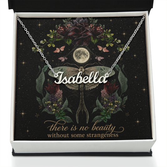 Night Garden With Lunar Moth Custom Name Polished Stainless Steel Necklace With Decorative Card And Box Book Lover Gift Font 1
