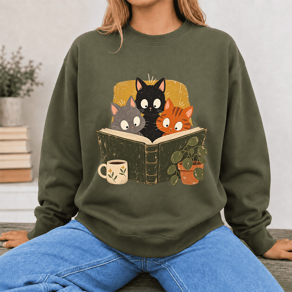 Minimal Japanese Cats Reading Crewneck Sweatshirt | Reader Gift Military Green