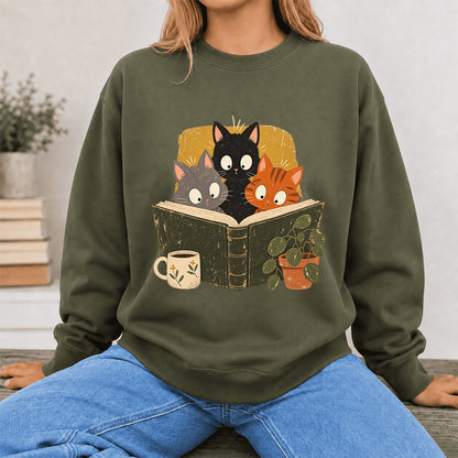 Minimal Japanese Cats Reading Crewneck Sweatshirt | Reader Gift Military Green