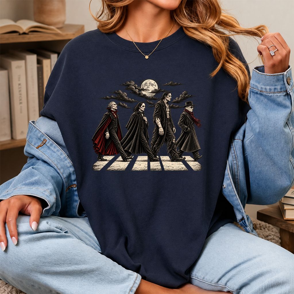 Monsters Road Printed T-Shirt | Halloween Book Lover Gift Navy