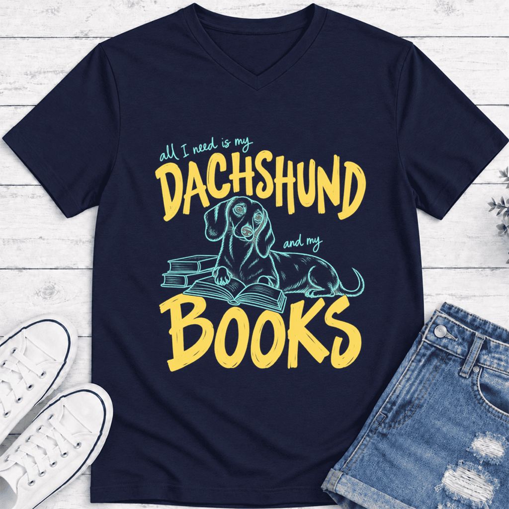 All I Need Is My Dachshund And My Books Ultra-Soft V-Neck | Dog Mom Reader Gift Navy