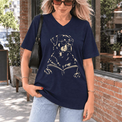 Rottweiler Reading Book Ultra-Soft V-Neck | Dog Mom Reader Gift Navy