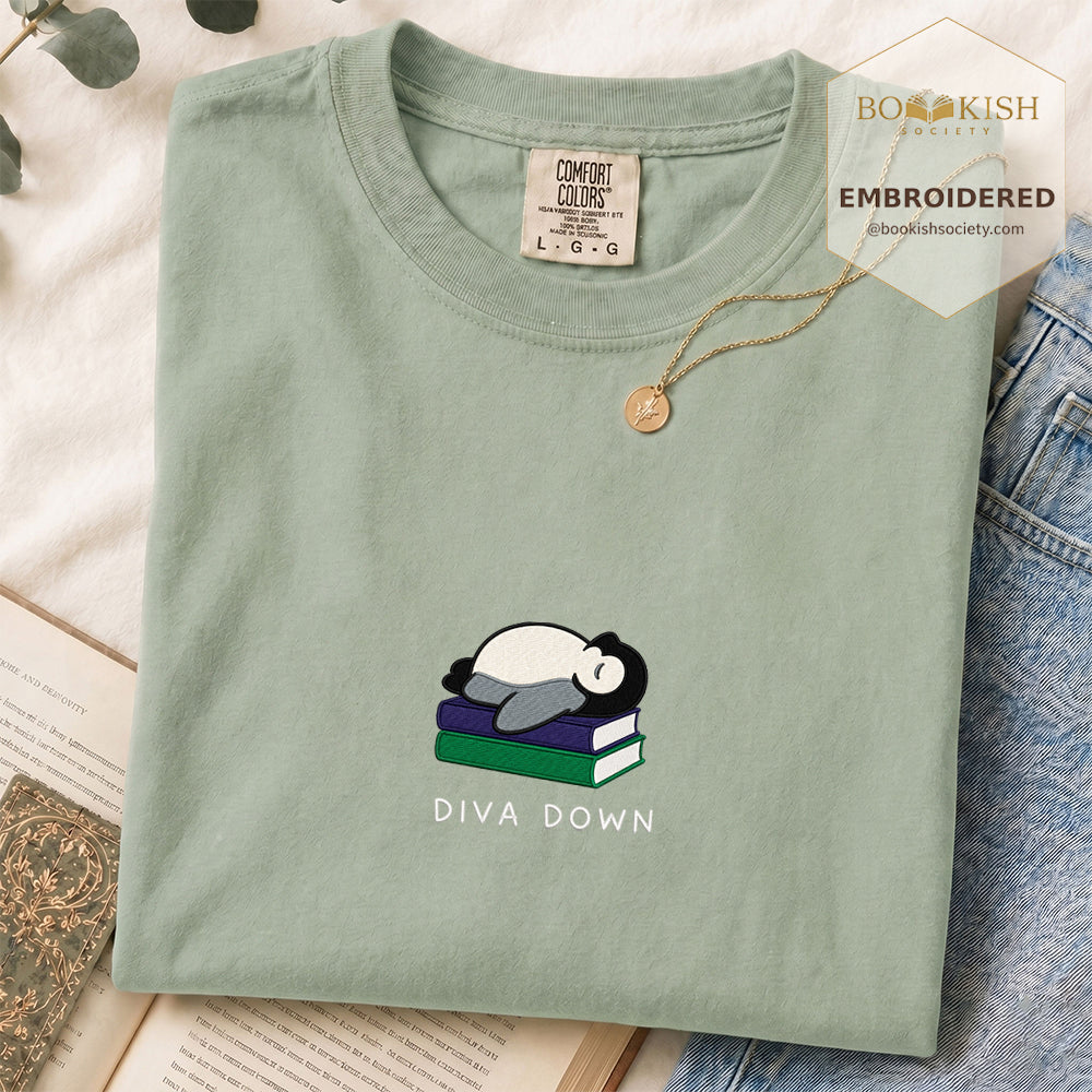 Embroidered Diva Down Penguin Comfort Color® T-shirt Book Lover Gift Bay