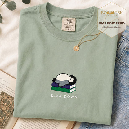 Embroidered Diva Down Penguin Comfort Color® T-shirt Book Lover Gift Bay