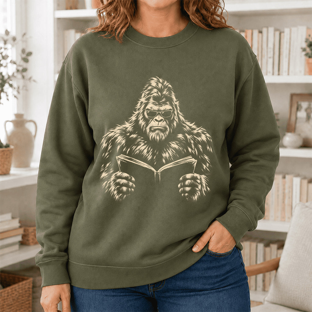 Big Foot Reading Book Crewneck Sweatshirt | Reader Gift Military Green