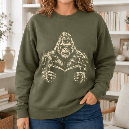 Big Foot Reading Book Crewneck Sweatshirt | Reader Gift Military Green