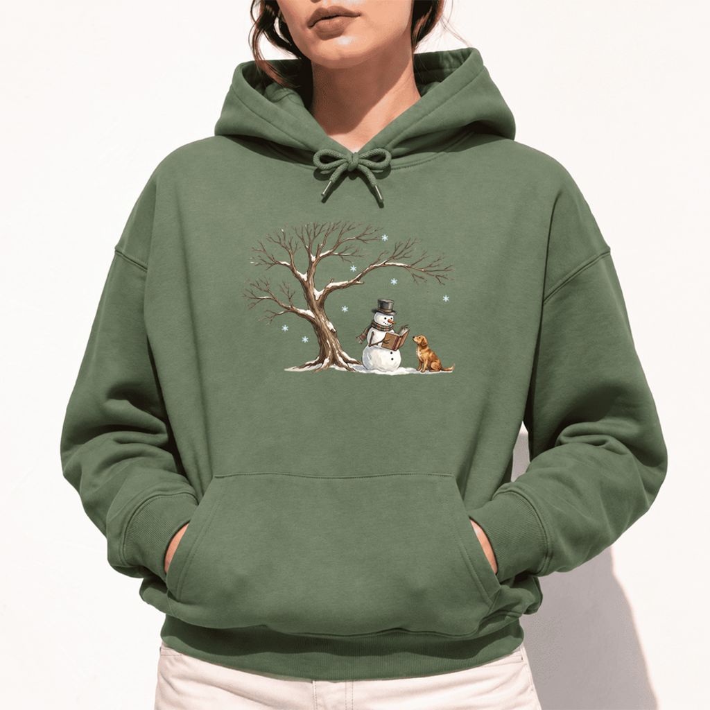 Golden Retriever And Snowman Under Tree Softstyle Hoodie | Christmas Reader Gift Military Green