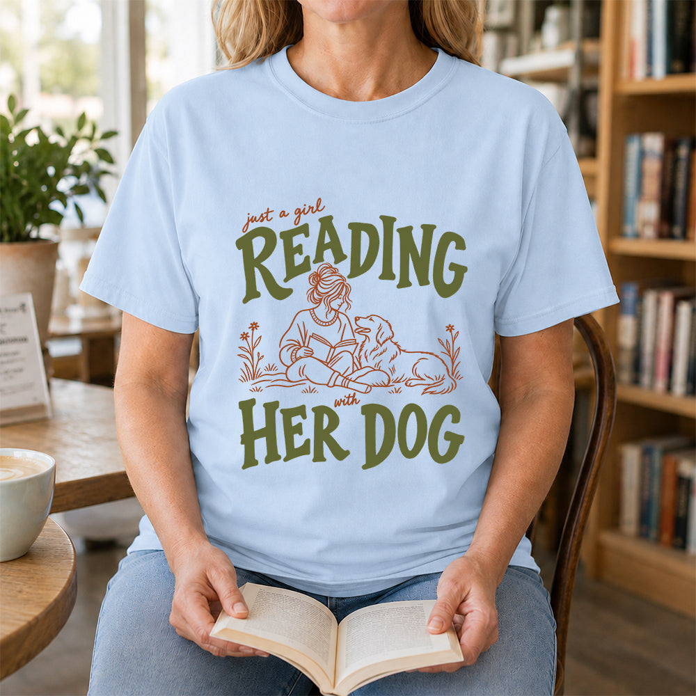 Just A Girl Reading With Her Dog Softstyle T-Shirt | Book Lover Gift Light Blue