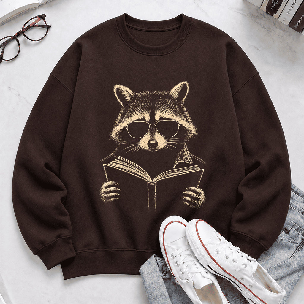 Raccoon Reading Book Crewneck Sweatshirt | Reader Gift Dark Chocolate