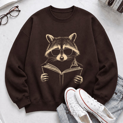 Raccoon Reading Book Crewneck Sweatshirt | Reader Gift Dark Chocolate