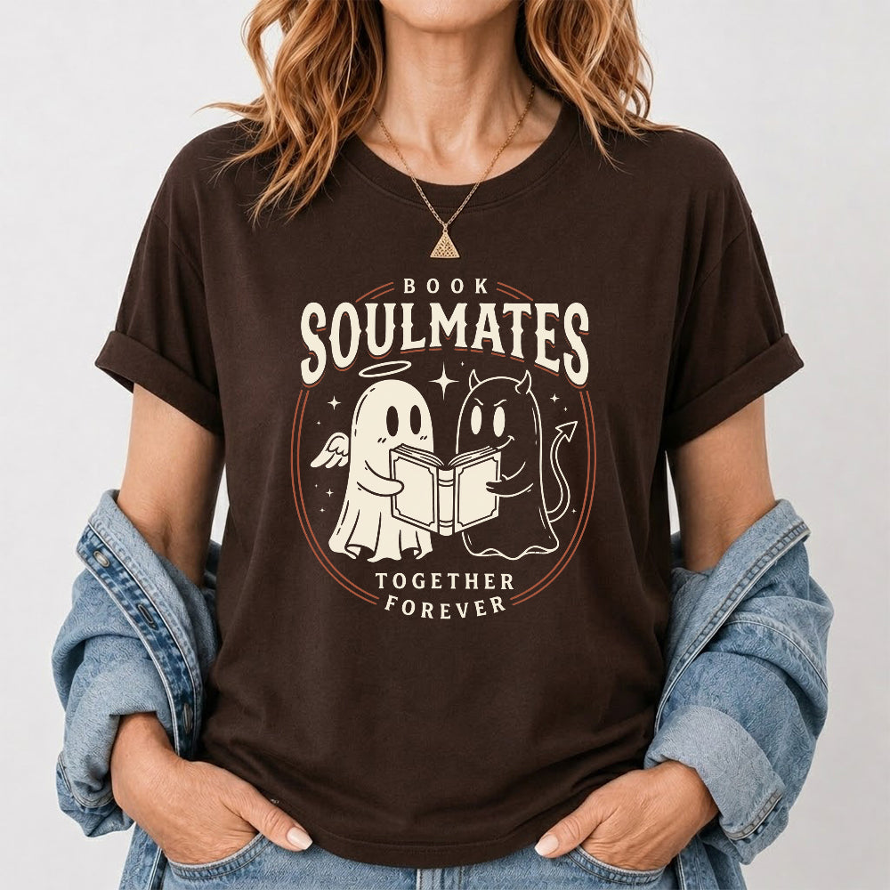 Book Soulmates Together Forever Printed T-Shirt | Halloween Book Lover Gift Dark Chocolate
