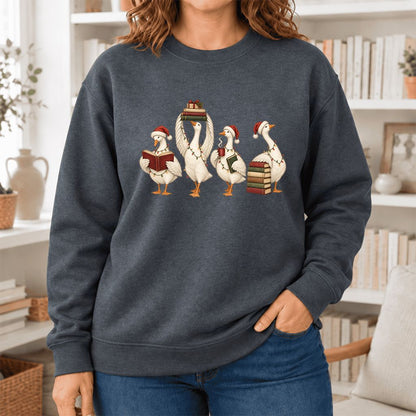 Christmas Reading Ducks Softstyle Sweatshirt | Christmas Book Lover Gift Dark Heather