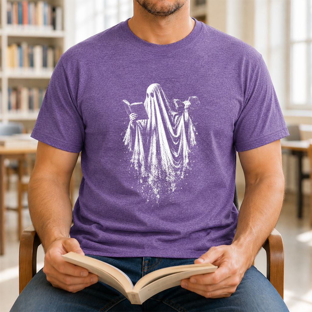 Reading Gym Ghost Printed T-Shirt | Halloween Book Lover Gift Heather Purple