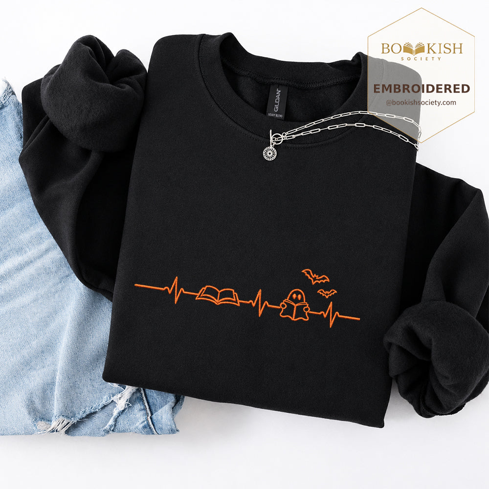 Reading Heartbeat Embroidered Sweatshirt | Spooky Halloween Book Lover Gift Black