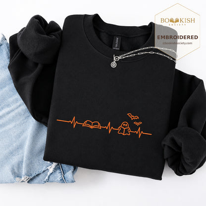 Reading Heartbeat Embroidered Sweatshirt | Spooky Halloween Book Lover Gift Black