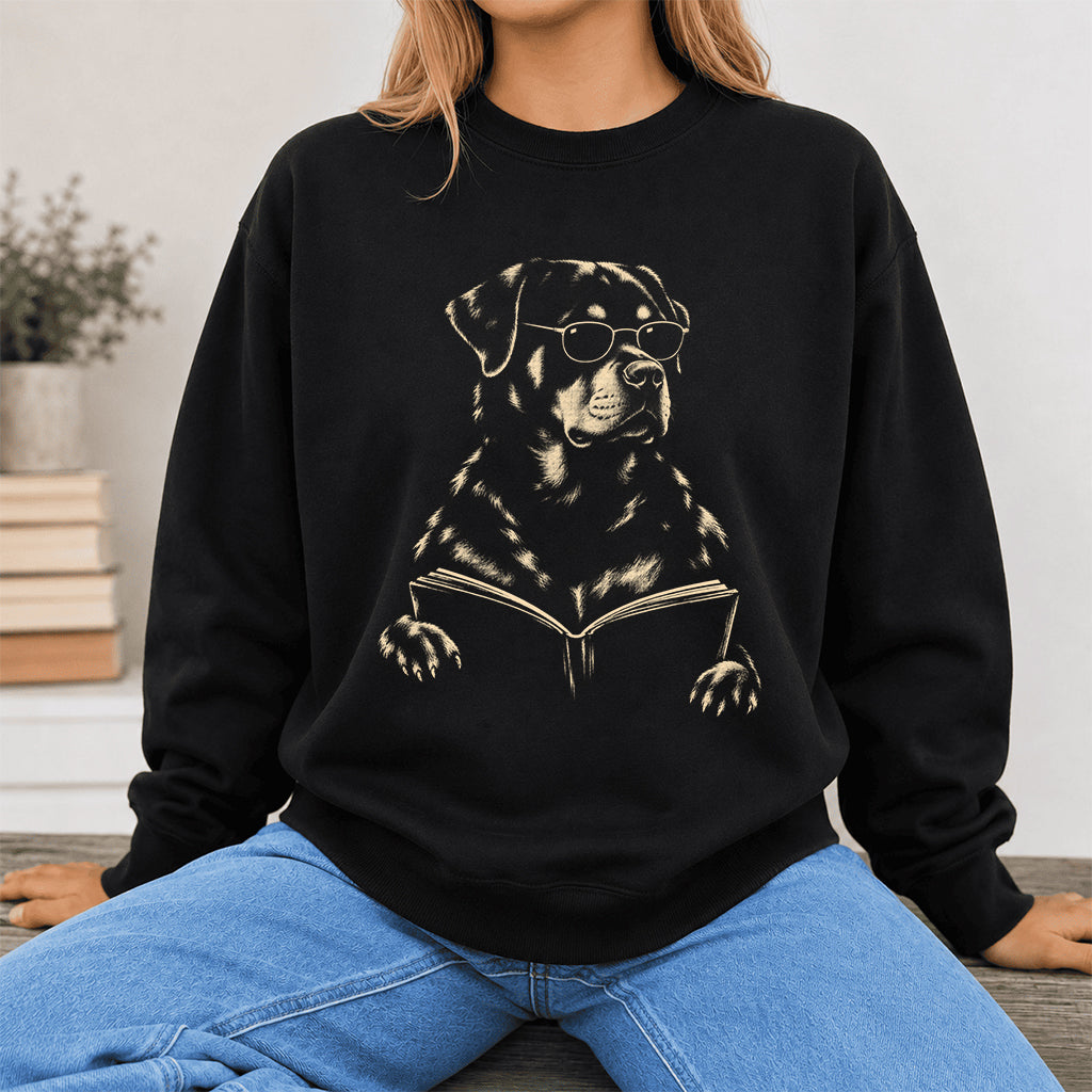 Rottweiler Reading Book Crewneck Sweatshirt | Reader Gift Black