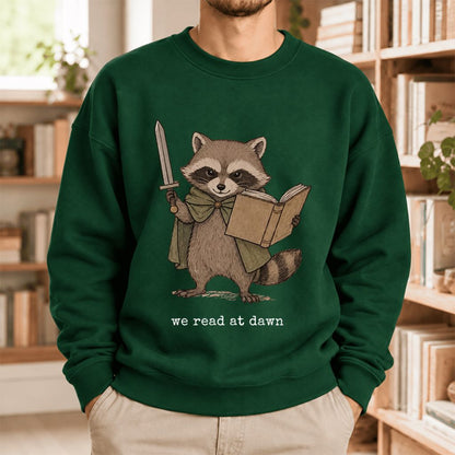 We Read At Dawn Funny Racoon Softstyle Sweatshirt | Cozy Book Lover Gift Forest Green