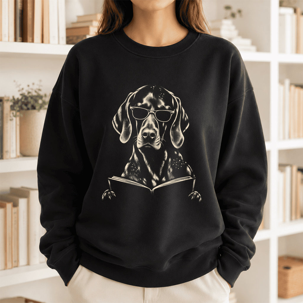 German Shorthaired Pointer Reading Book Crewneck Sweatshirt | Reader Gift Black