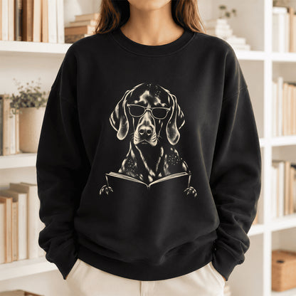 German Shorthaired Pointer Reading Book Crewneck Sweatshirt | Reader Gift Black