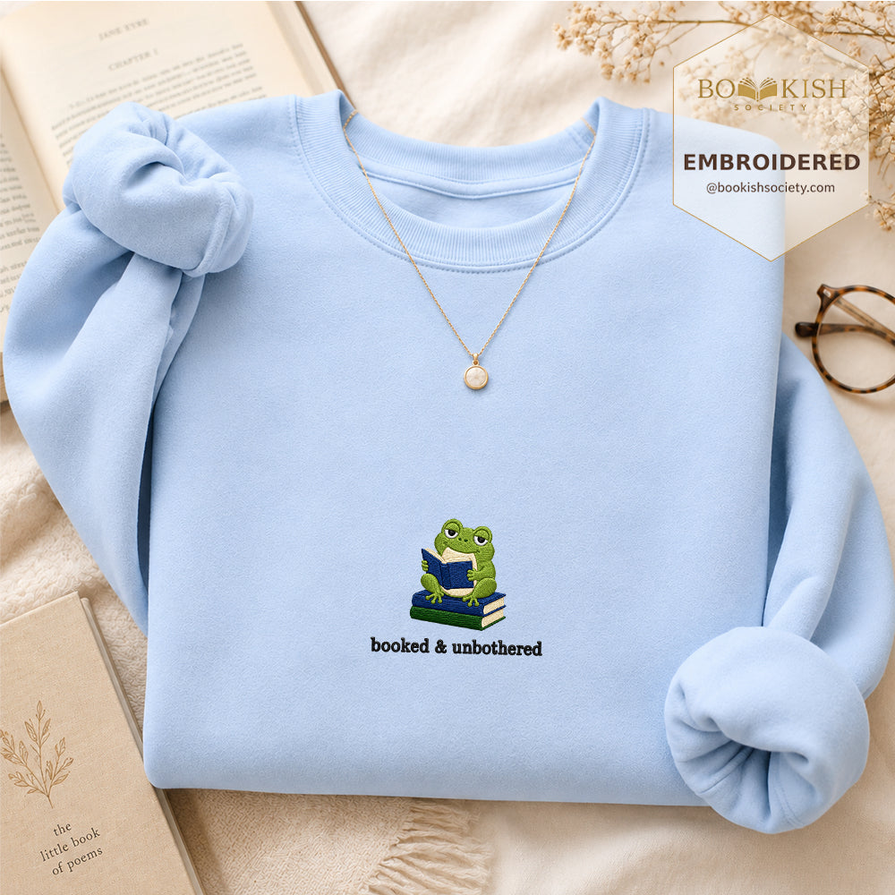 Booked and Unbothered Embroidered Sweatshirt | Reader Gift Light Blue
