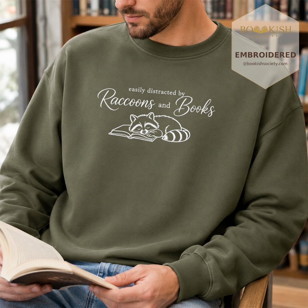 Easily Distracted By Raccoons And Books Embroidered Sweatshirt | Reader Gift Military Green