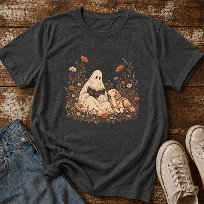 Ghost Wildflowers With Book And Golden Retriever Printed T-Shirt | Halloween Dog Lover Gift Dark Heather