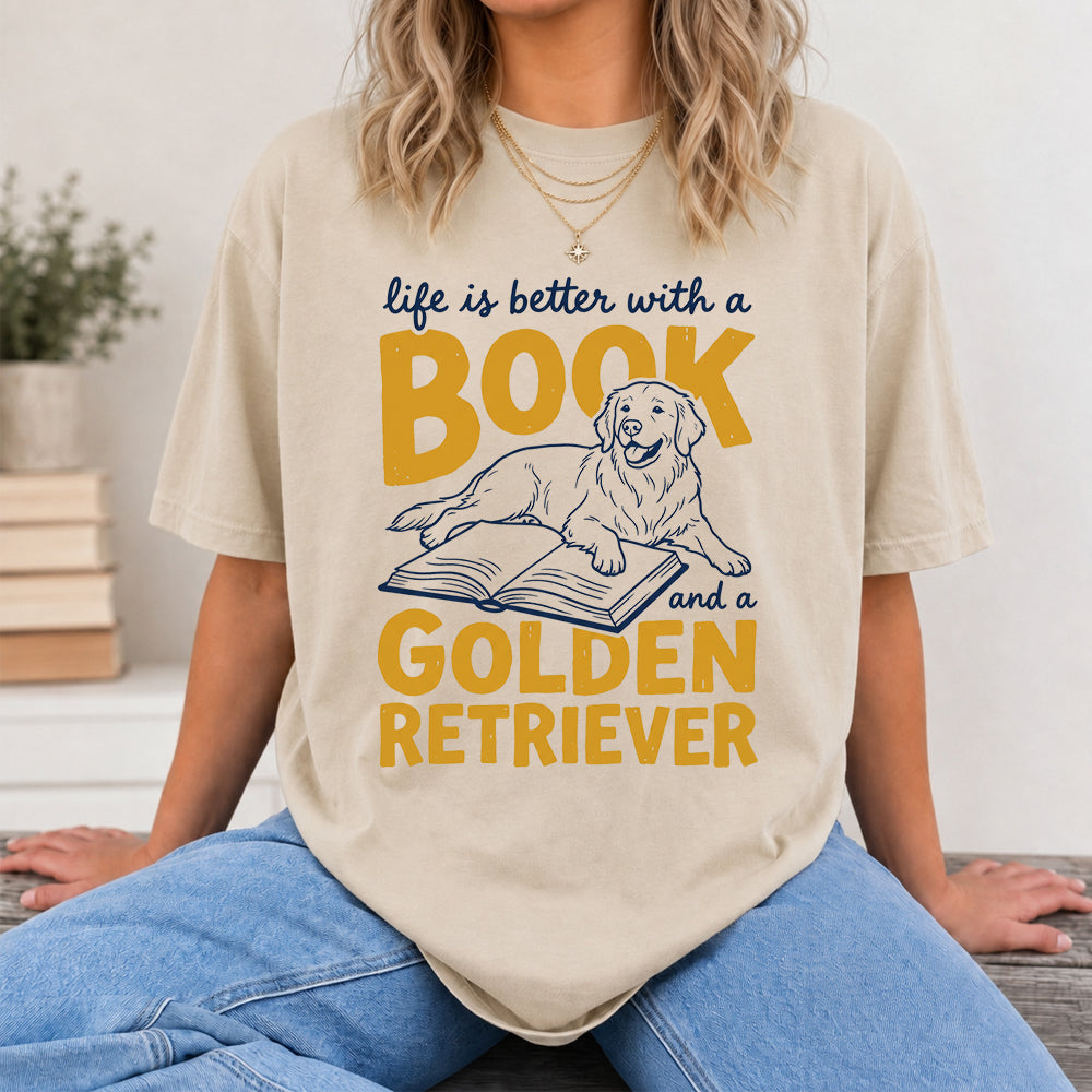 Life Is Better With A Book And A Golden Retriever Softstyle T-Shirt | Book Lover Gift Sand
