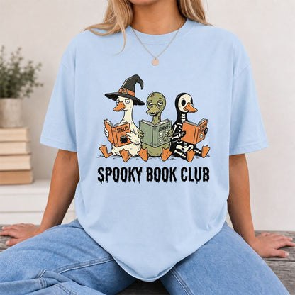 Spooky Book Club Printed T-Shirt | Halloween Book Lover Gift Light Blue