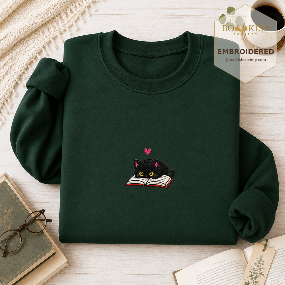 Black Cat and Book Embroidered Sweatshirt | Reader Gift Forest Green