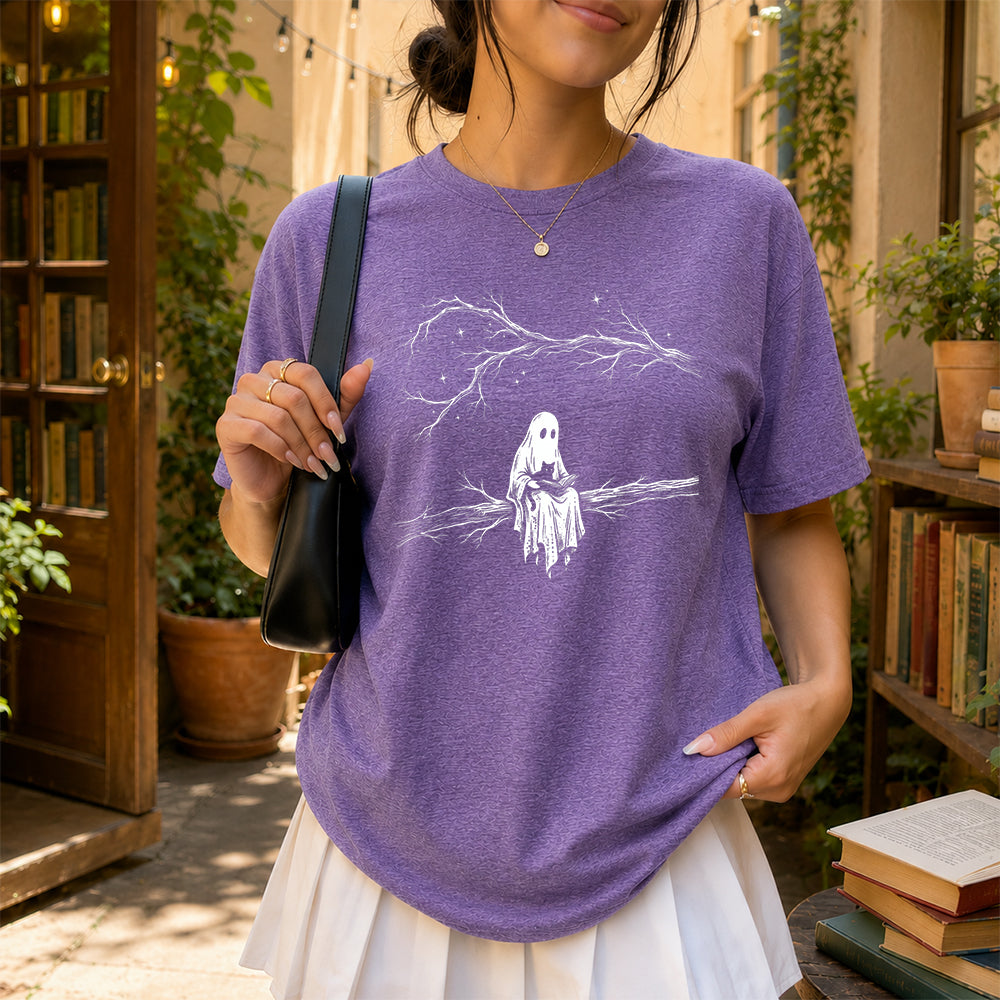 Reading Ghost With Black Cat Printed T-Shirt | Halloween Cat Lover Reader Gift Heather Purple