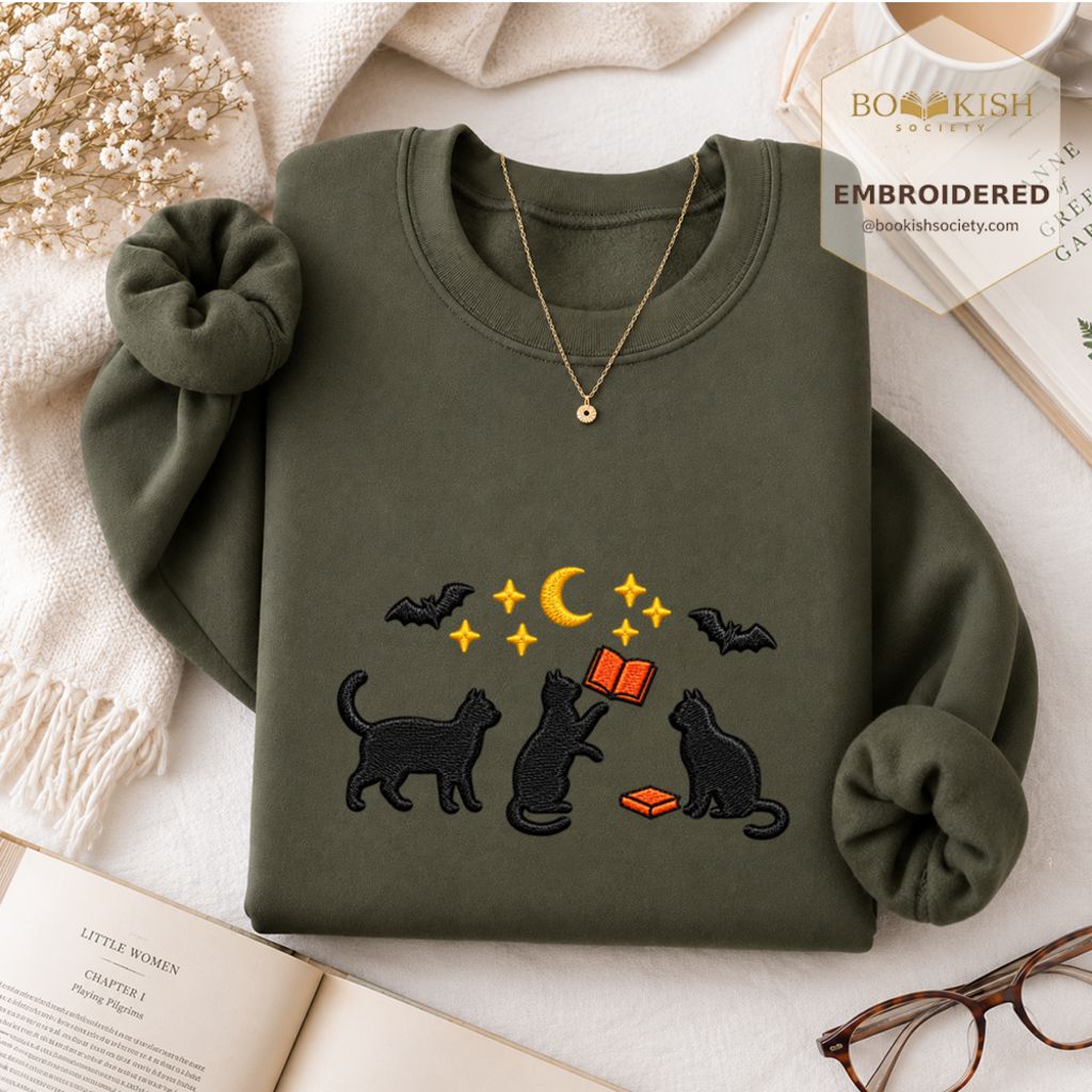 Black Cats With Books Embroidered Sweatshirt | Spooky Reader Gift Military Green