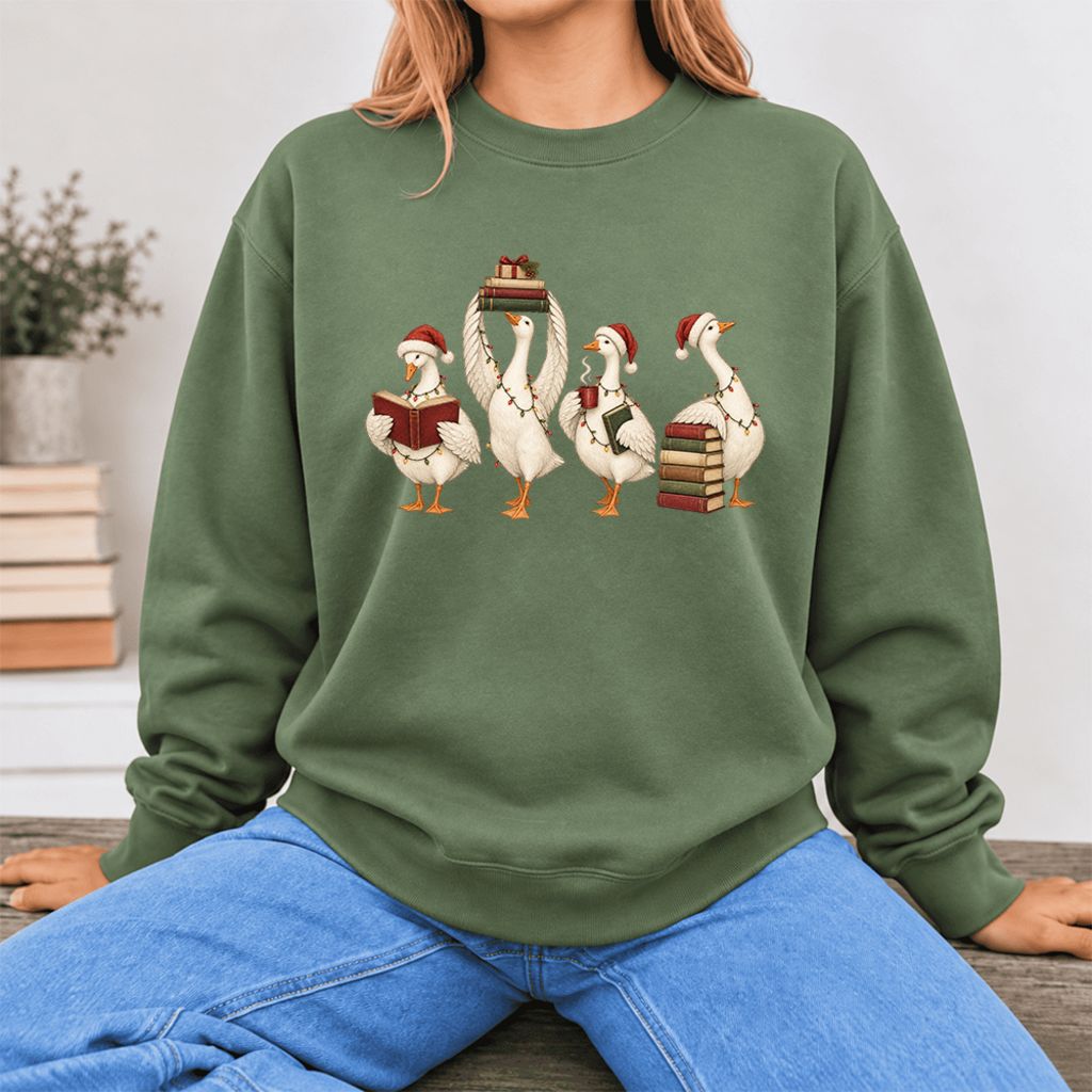 Christmas Reading Ducks Softstyle Sweatshirt | Christmas Book Lover Gift Military Green