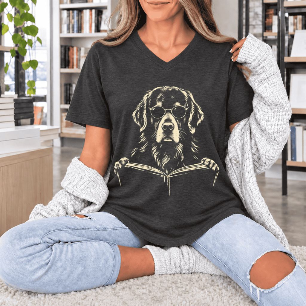 Golden Retriever Reading Book Ultra-Soft V-Neck | Dog Mom Reader Gift Dark Grey Heather