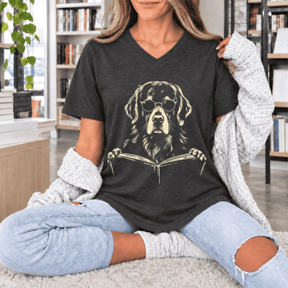Golden Retriever Reading Book Ultra-Soft V-Neck | Dog Mom Reader Gift Dark Grey Heather
