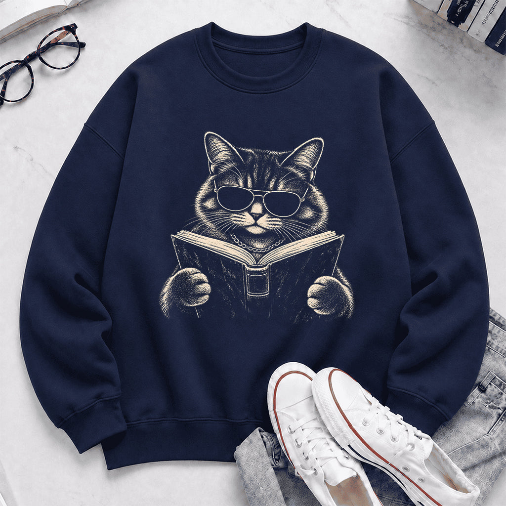 Cat Reading Book Crewneck Sweatshirt | Reader Gift Navy