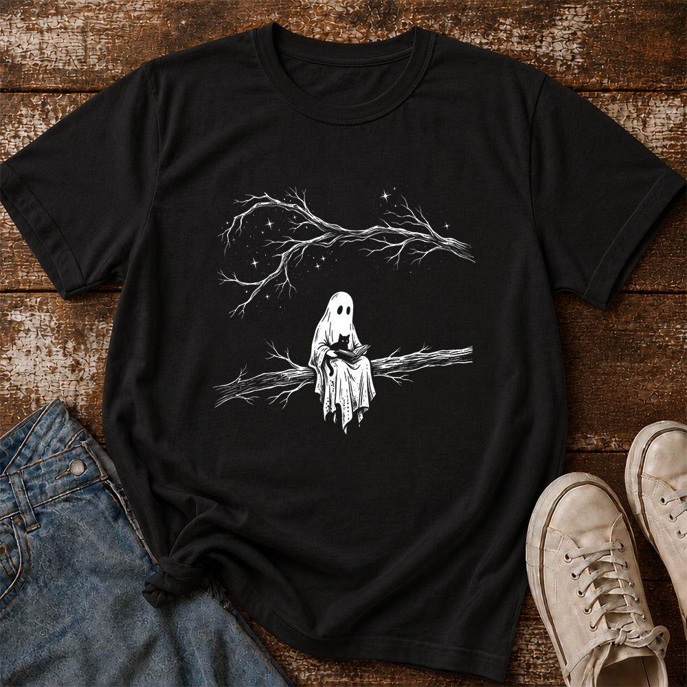 Reading Ghost With Black Cat Printed T-Shirt | Halloween Cat Lover Reader Gift Black