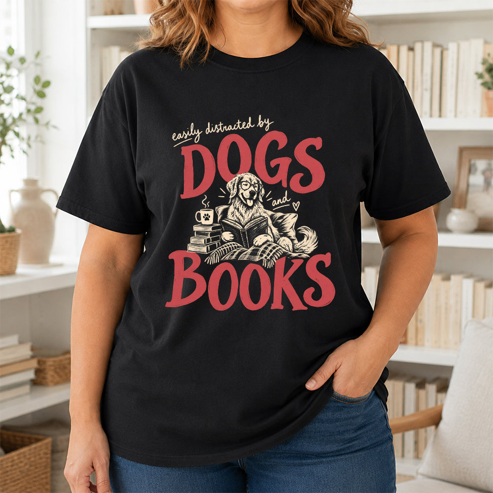 Easily Distracted By Dogs And Books Softstyle T-Shirt | Book Lover Gift Black