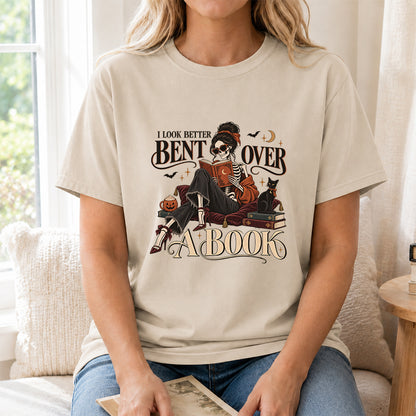 I Look Better Bent Over A Book Printed T-Shirt | Halloween Book Lover Gift Sand