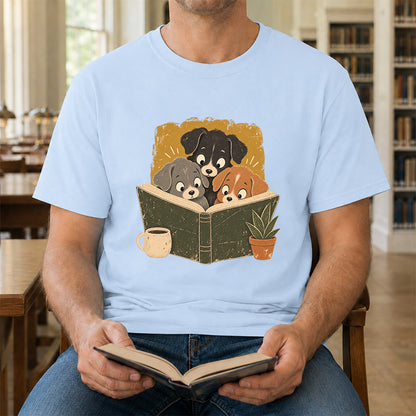 Minimal Japanese Dogs Reading Softstyle T-Shirt | Book Lover Gift Light Blue